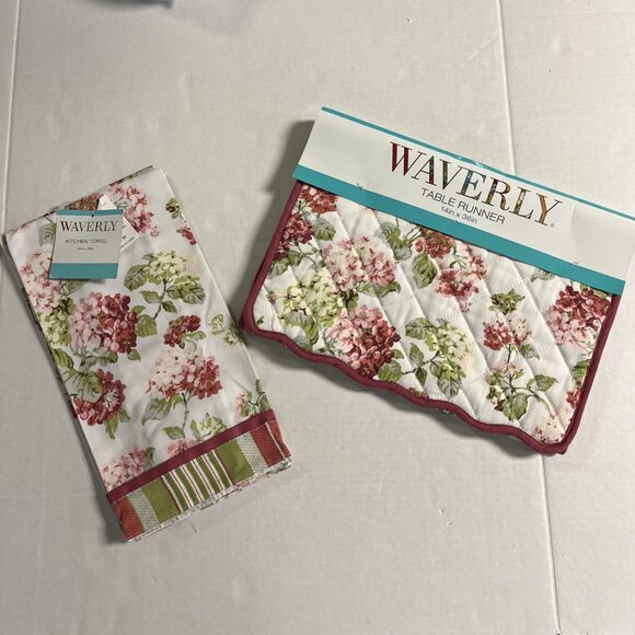 Waverly Quilted Table Runner Towel Set Pink Hydrangea Reversible Striped Country - Picture 2 of 11